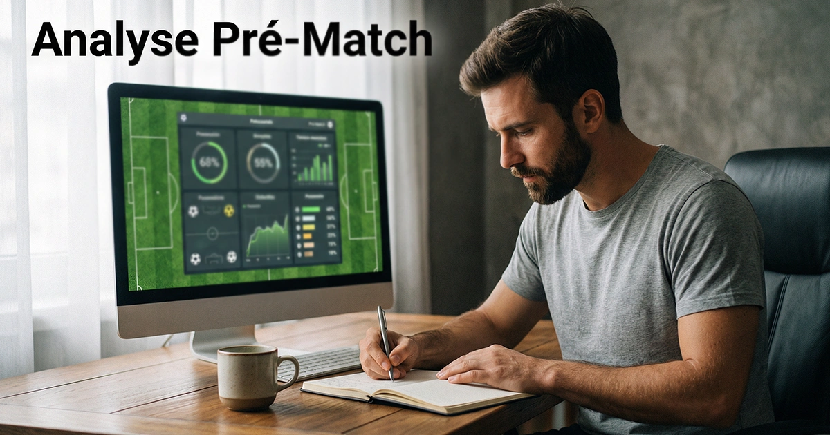 Analyse pré-match paris sportifs — homme étudiant les statistiques d'un match de football sur un écran