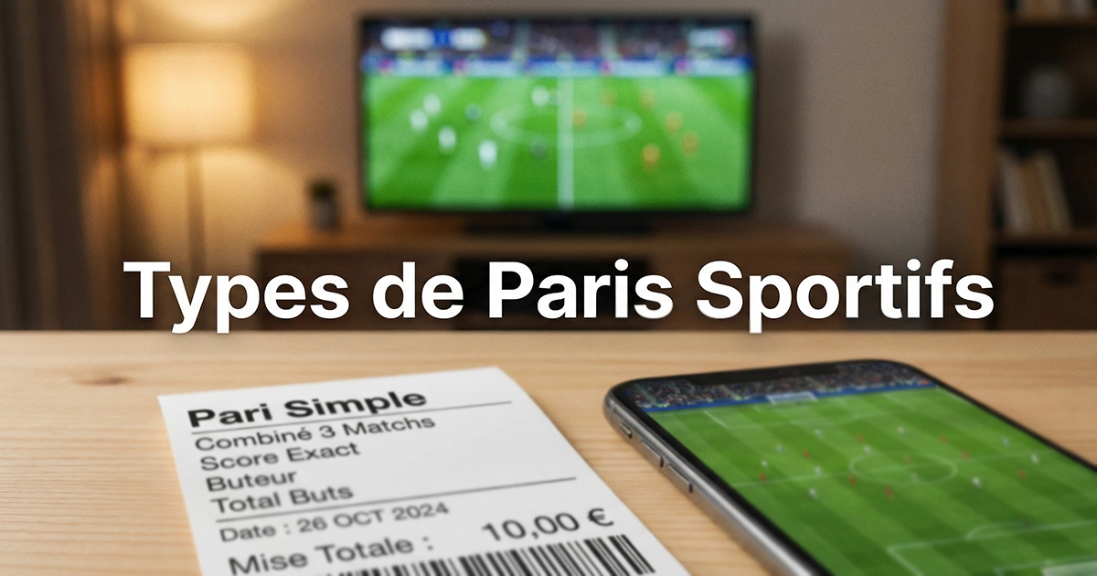 Types de paris sportifs — ticket de pari simple posé sur une table près d'un écran de match de football